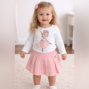 12-18M Ballerina Tee & Pink Pleated Skort Set Baby Girl Outfit NWT